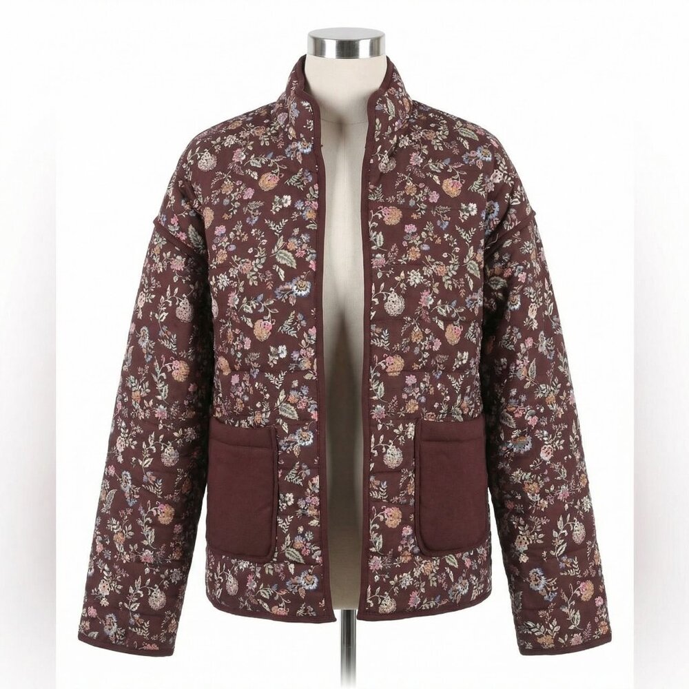 Quilted Floral Bomber Jacket in Burgundy
